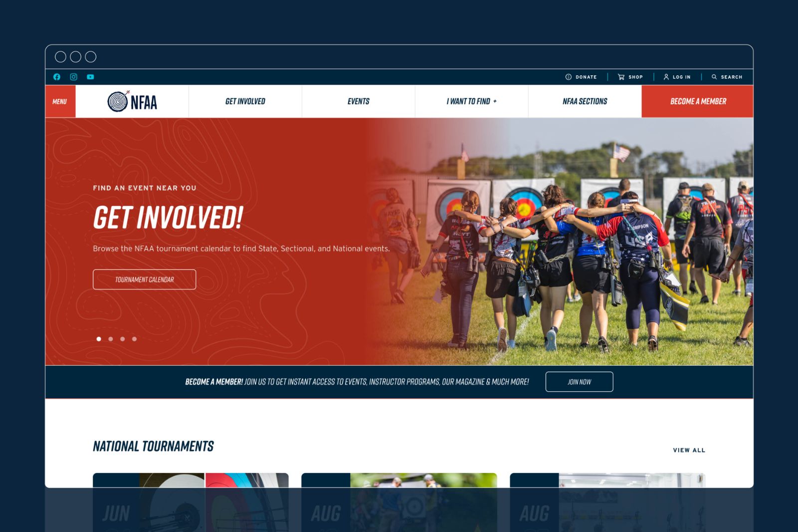 A screenshot of the National Field Archery Association (NFAA), website, designed and developed by 93. GET INVOLVED.